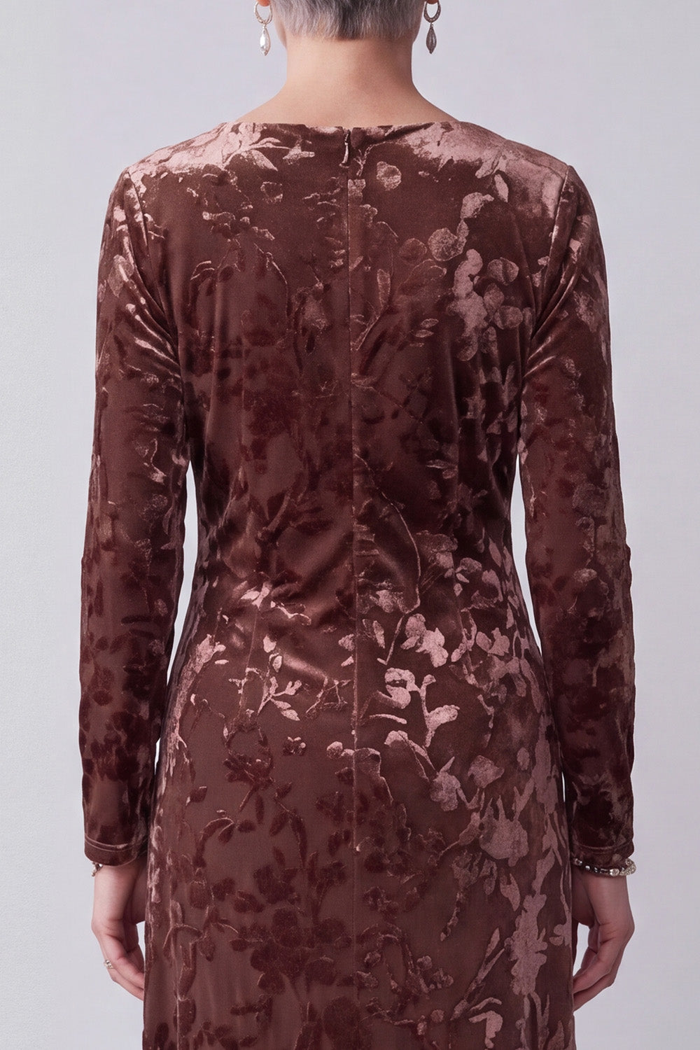 Chocolates Sheath Round Neck Floral Long Sleeves Velvet Holiday Dress