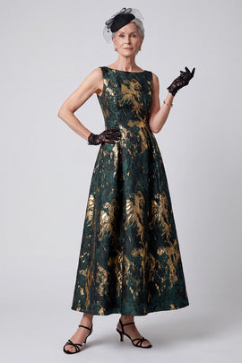 Sparkly Dark Green A-Line Boat Neck Jacquard Long Mother of the Bride Dress