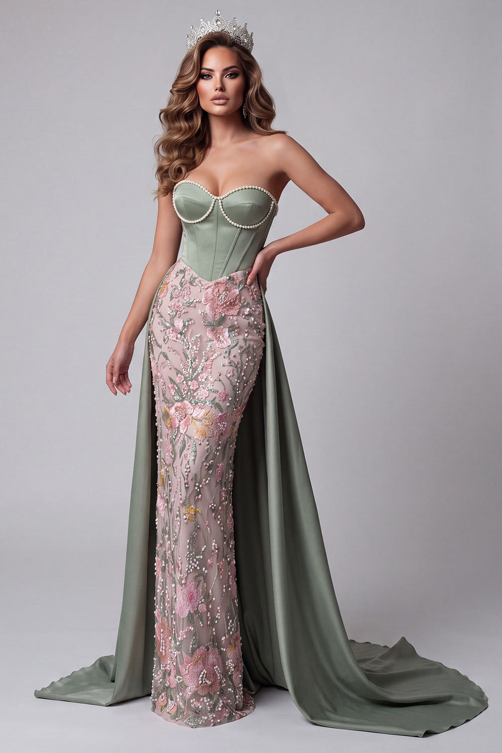 Sparkly Sage Green Corset Sequins Sweetheart Floral Long Pageant Dress with Cape