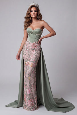 Sparkly Sage Green Corset Sequins Sweetheart Floral Long Pageant Dress with Cape