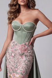 Sparkly Sage Green Corset Sequins Sweetheart Floral Long Pageant Dress with Cape