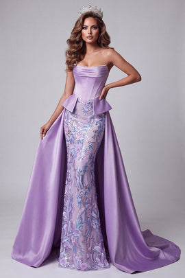 Sparkly Lavender Corset Sequins Mermaid Floral Long Pageant Dress with Cape