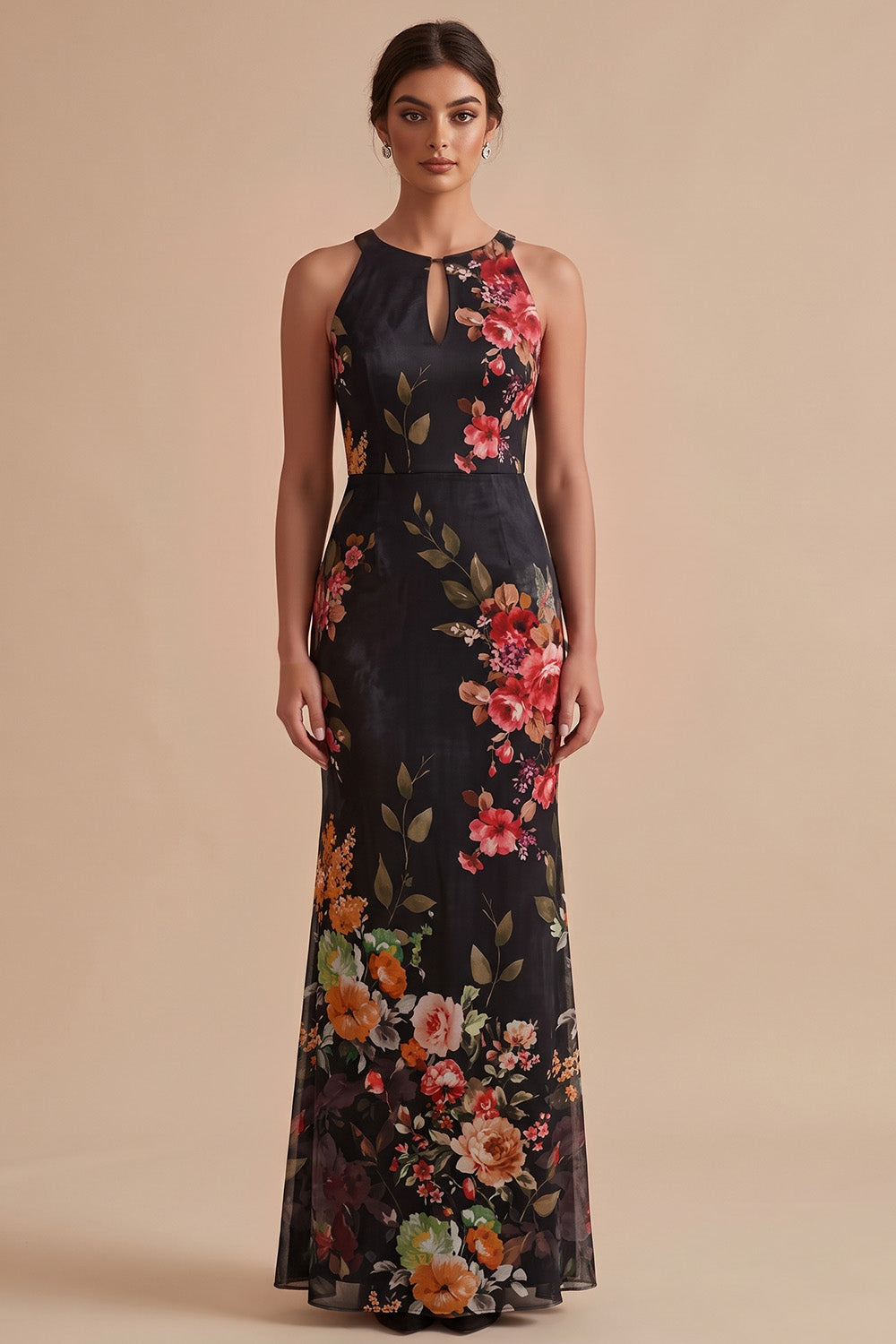 Black Floral Sheath Halter Keyhole Long Chiffon Beach Wedding Guest Dress