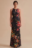 Black Floral Sheath Halter Keyhole Long Chiffon Beach Wedding Guest Dress