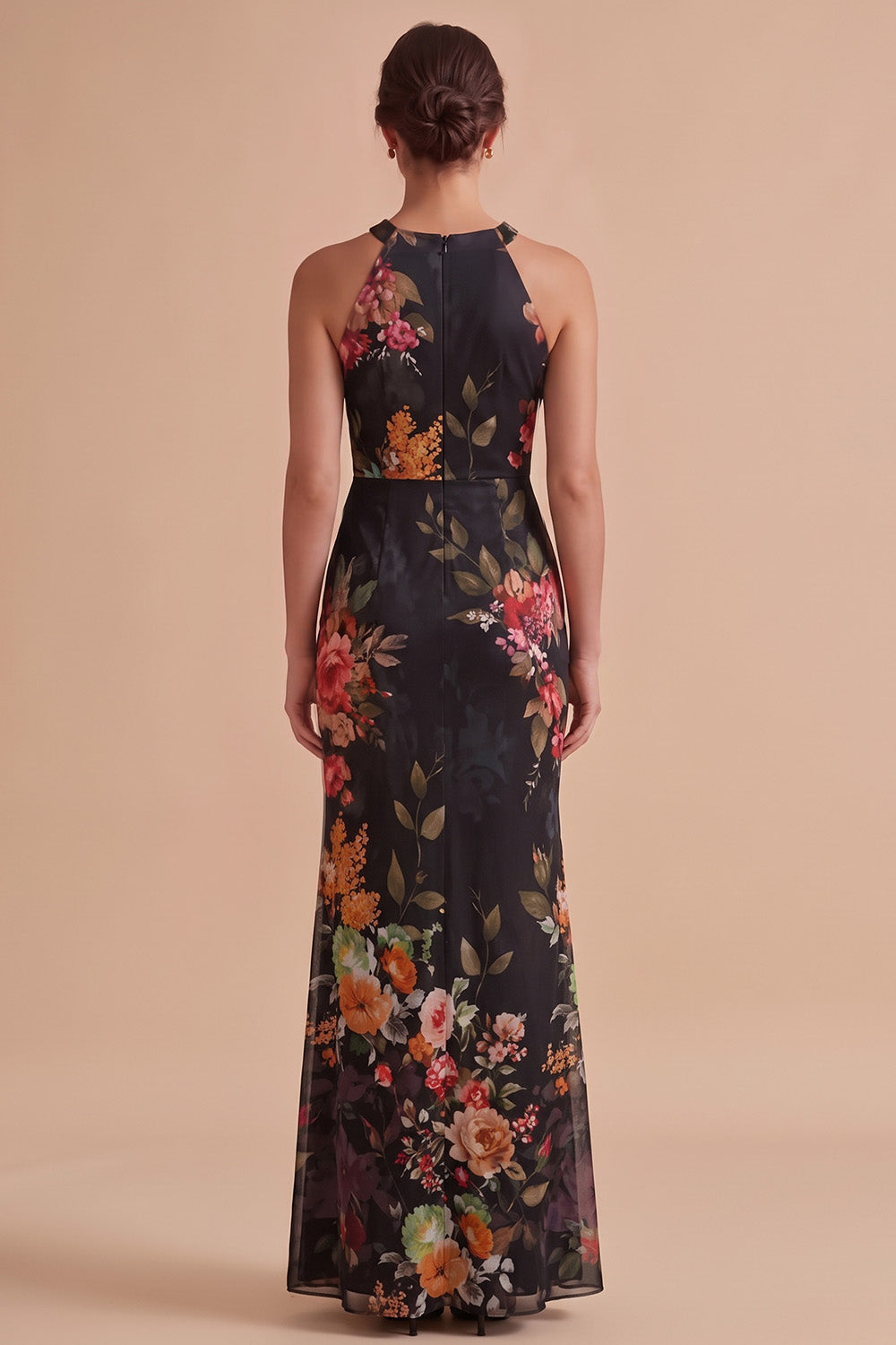 Black Floral Sheath Halter Keyhole Long Chiffon Beach Wedding Guest Dress