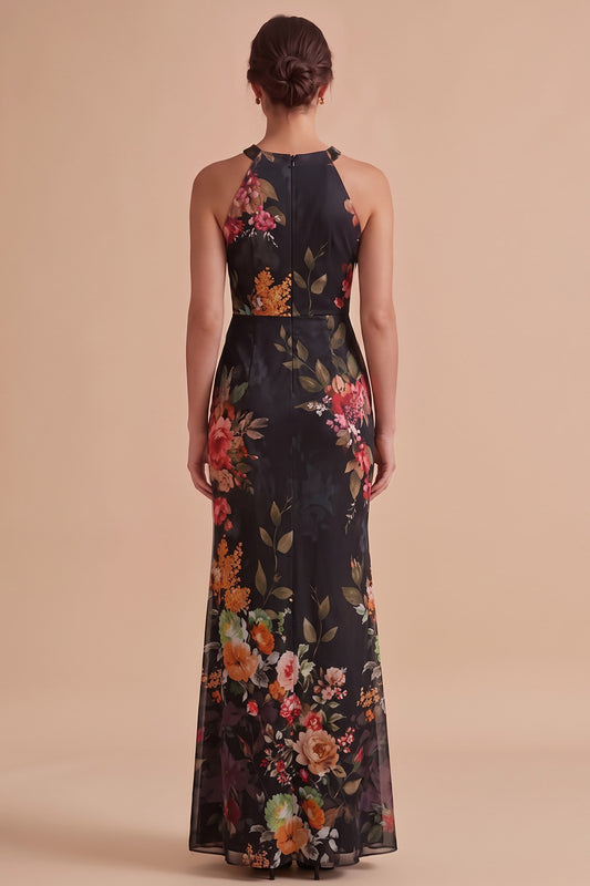Black Floral Sheath Halter Keyhole Long Chiffon Beach Wedding Guest Dress