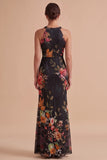Black Floral Sheath Halter Keyhole Long Chiffon Beach Wedding Guest Dress