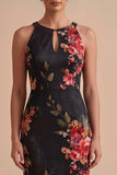 Black Floral Sheath Halter Keyhole Long Chiffon Beach Wedding Guest Dress