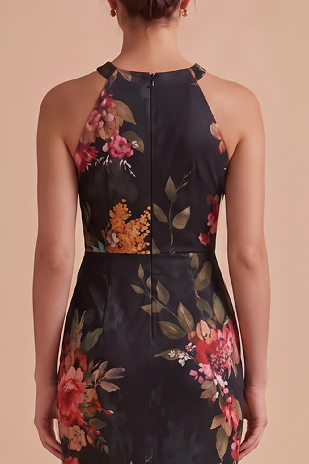 Black Floral Sheath Halter Keyhole Long Chiffon Beach Wedding Guest Dress