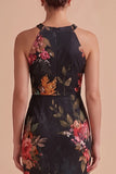 Black Floral Sheath Halter Keyhole Long Chiffon Beach Wedding Guest Dress