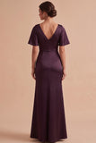Plum Sheath Cowl Neck Satin Ruched Long Wedding Guest Dress with Slit