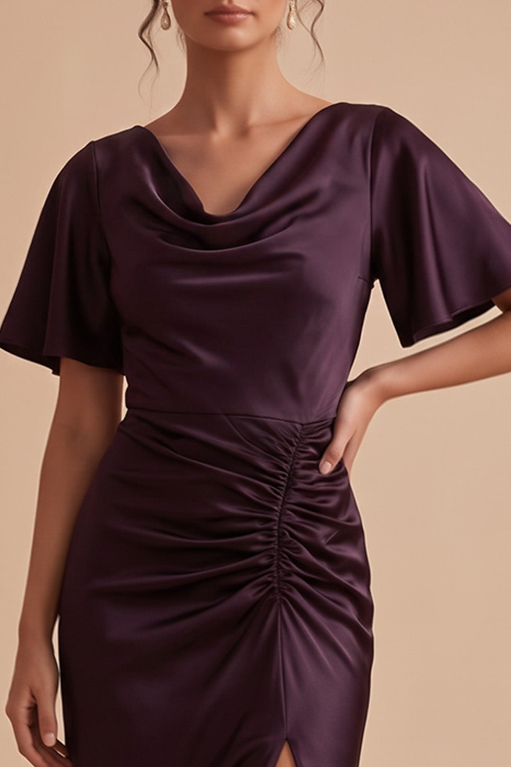 Plum Sheath Cowl Neck Satin Ruched Long Wedding Guest Dress with Slit