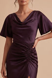Plum Sheath Cowl Neck Satin Ruched Long Wedding Guest Dress with Slit