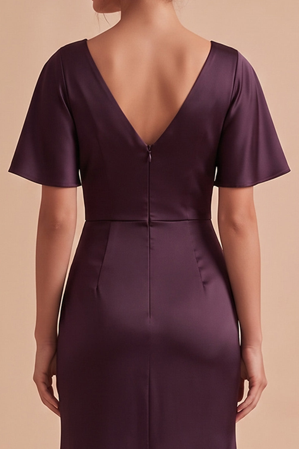 Plum Sheath Cowl Neck Satin Ruched Long Wedding Guest Dress with Slit