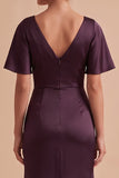 Plum Sheath Cowl Neck Satin Ruched Long Wedding Guest Dress with Slit