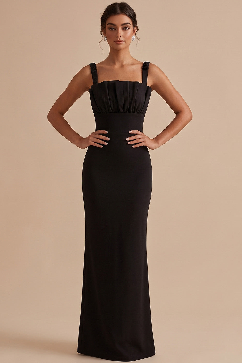 Black Satin Mermaid Thick Straps Ruched Long Wedding Guest Dress