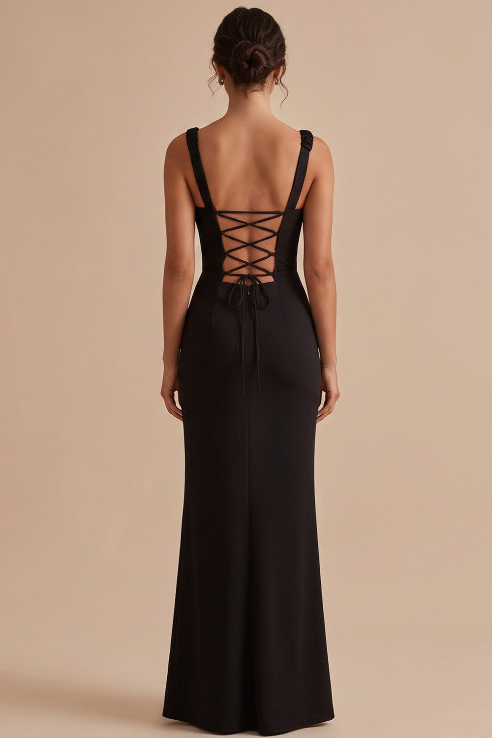Black Satin Mermaid Thick Straps Ruched Long Wedding Guest Dress