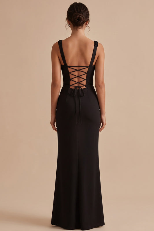 Black Satin Mermaid Thick Straps Ruched Long Wedding Guest Dress