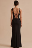 Black Satin Mermaid Thick Straps Ruched Long Wedding Guest Dress