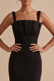 Black Satin Mermaid Thick Straps Ruched Long Wedding Guest Dress