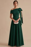 Dark Green A-Line One Shoulder Ruched Long Wedding Guest Dress with Bow