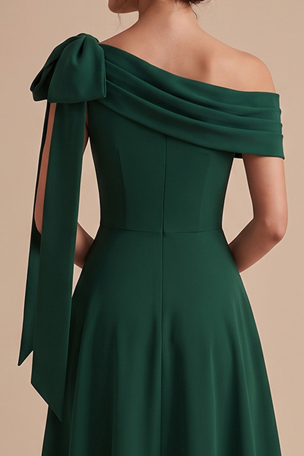 Dark Green A-Line One Shoulder Ruched Long Wedding Guest Dress with Bow