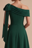 Dark Green A-Line One Shoulder Ruched Long Wedding Guest Dress with Bow