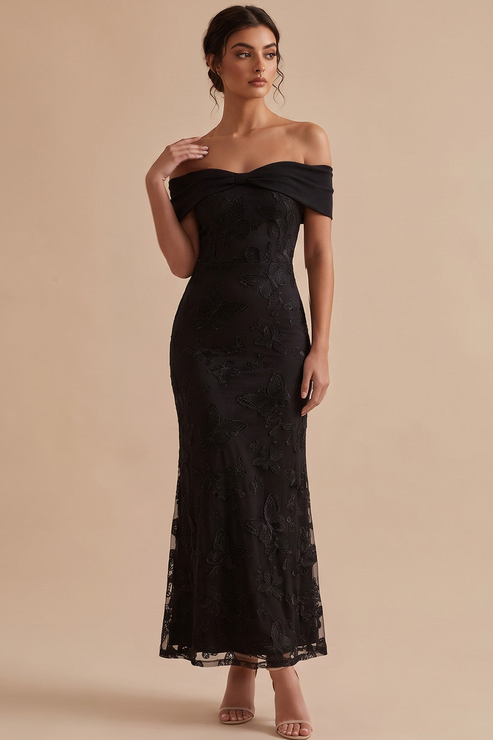 Black Mermaid Off the Shoulder Floral Lace Long Boho Wedding Guest Dress