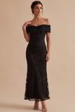 Black Mermaid Off the Shoulder Floral Lace Long Boho Wedding Guest Dress
