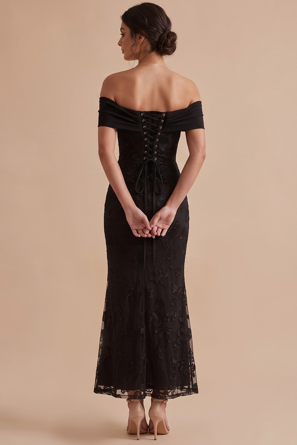 Black Mermaid Off the Shoulder Floral Lace Long Boho Wedding Guest Dress