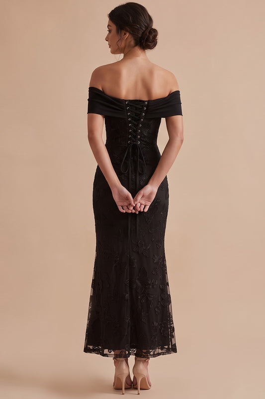 Black Mermaid Off the Shoulder Floral Lace Long Boho Wedding Guest Dress