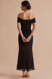 Black Mermaid Off the Shoulder Floral Lace Long Boho Wedding Guest Dress
