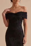 Black Mermaid Off the Shoulder Floral Lace Long Boho Wedding Guest Dress