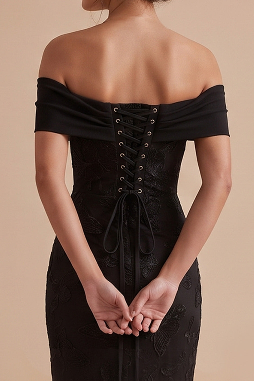 Black Mermaid Off the Shoulder Floral Lace Long Boho Wedding Guest Dress