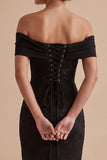 Black Mermaid Off the Shoulder Floral Lace Long Boho Wedding Guest Dress