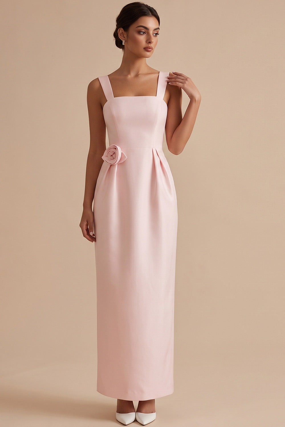 Pink Sheath Square Neck Ruched Long Wedding Guest Dress with 3D Flower
