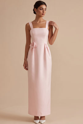 Pink Sheath Square Neck Ruched Long Wedding Guest Dress with 3D Flower