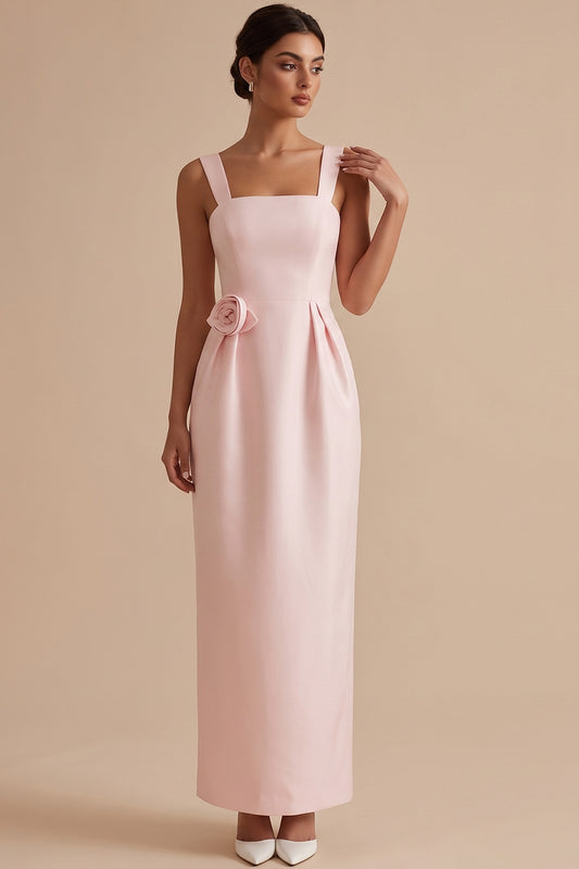 Pink Sheath Square Neck Ruched Long Wedding Guest Dress with 3D Flower