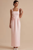 Pink Sheath Square Neck Ruched Long Wedding Guest Dress with 3D Flower