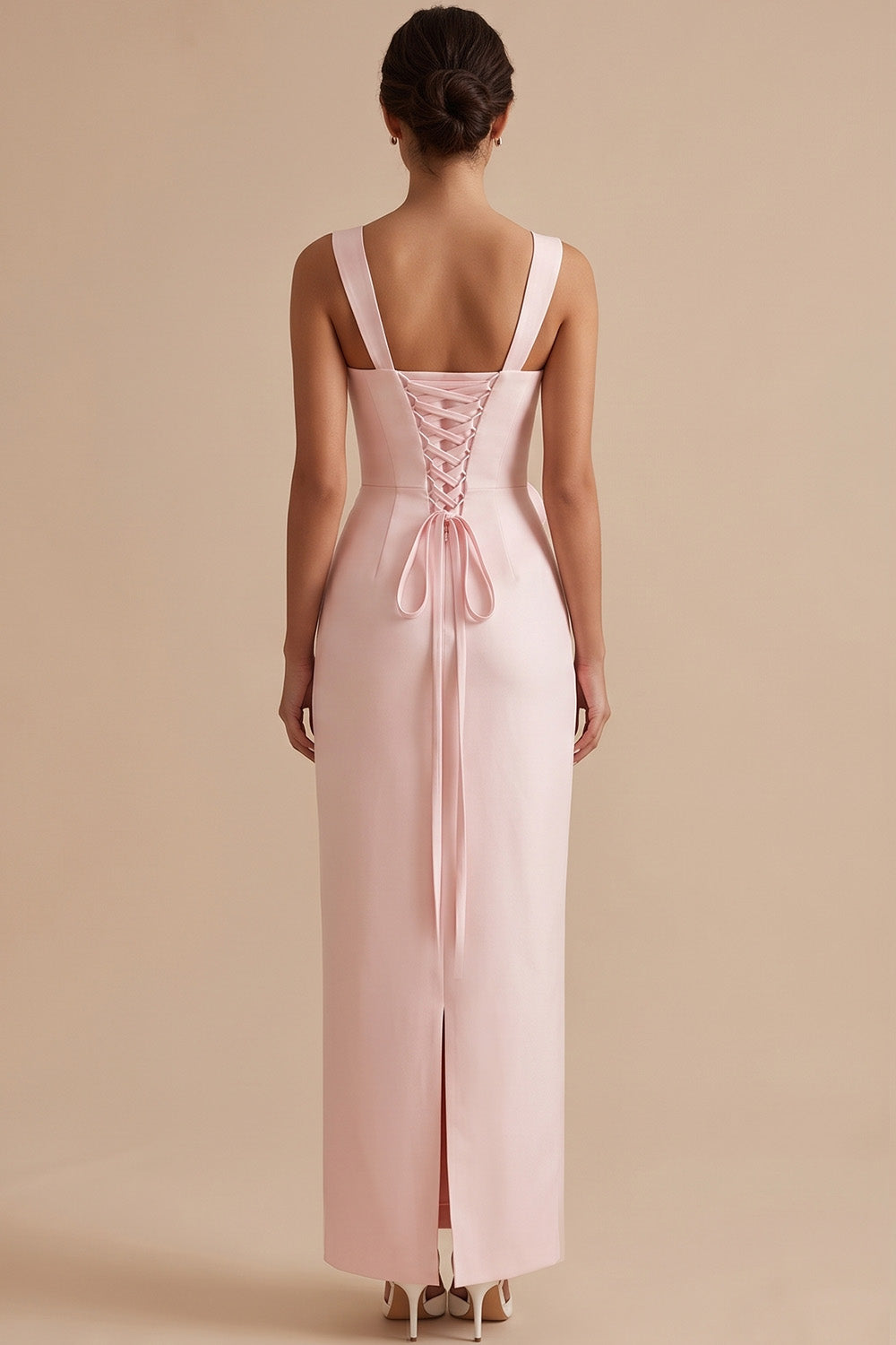 Pink Sheath Square Neck Ruched Long Wedding Guest Dress with 3D Flower
