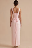 Pink Sheath Square Neck Ruched Long Wedding Guest Dress with 3D Flower