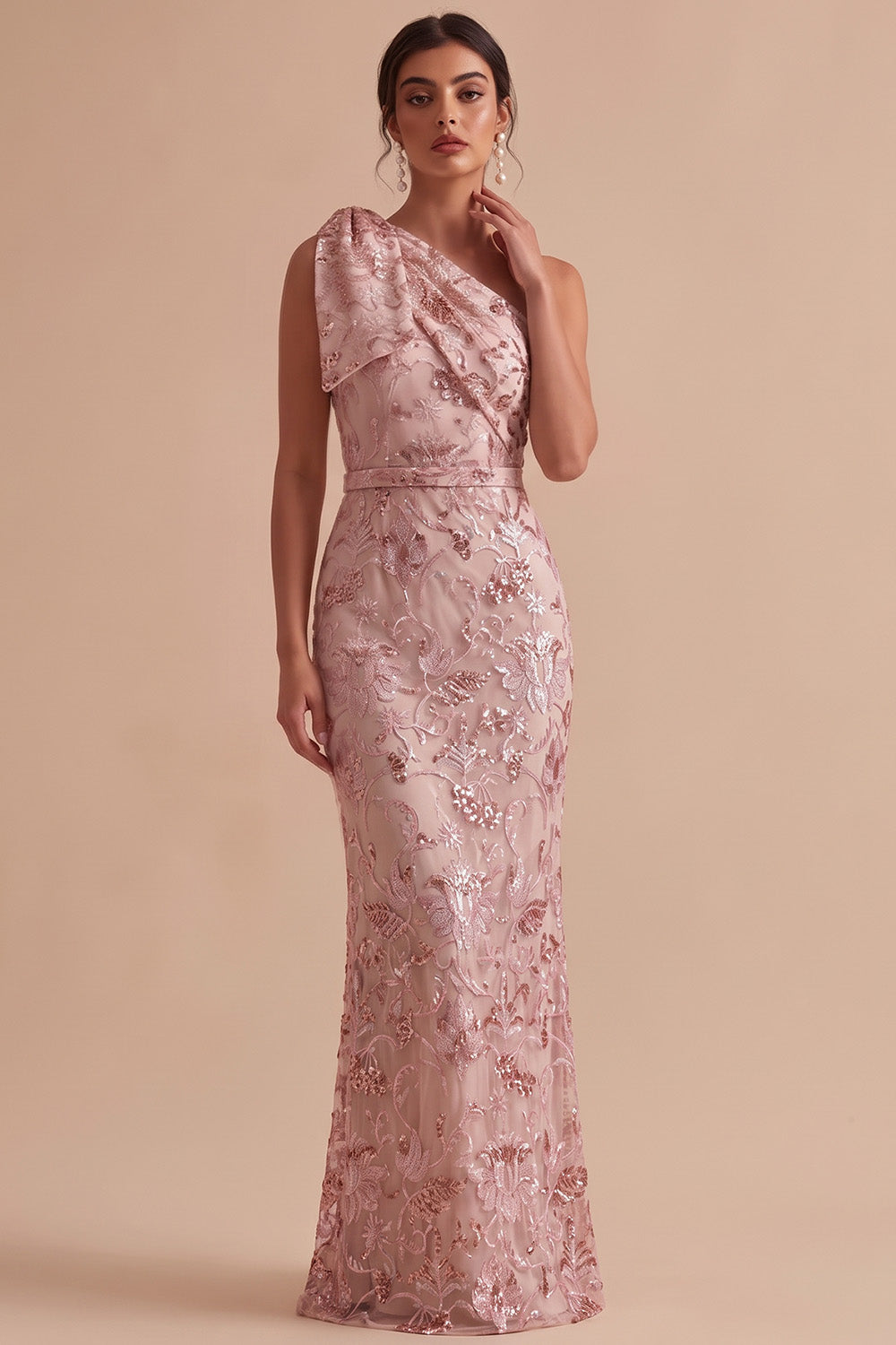 Sparkly Pink Mermaid Floral Ruched Sequins Long Wedding Guest Dress with Bow