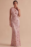 Sparkly Pink Mermaid Floral Ruched Sequins Long Wedding Guest Dress with Bow