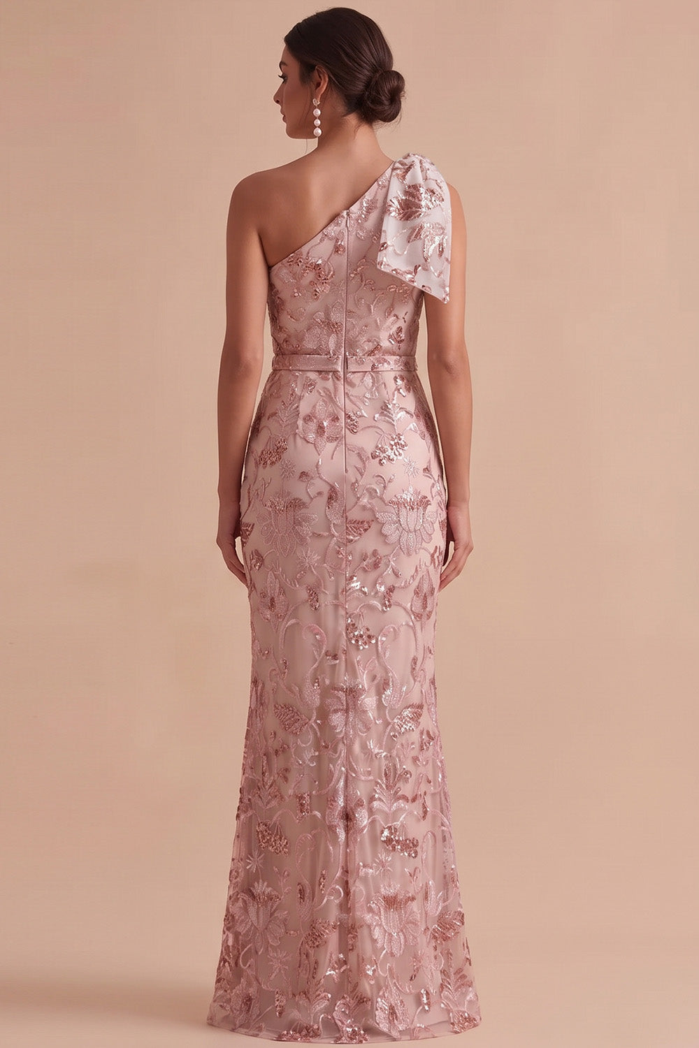 Sparkly Pink Mermaid Floral Ruched Sequins Long Wedding Guest Dress with Bow