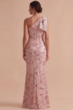 Sparkly Pink Mermaid Floral Ruched Sequins Long Wedding Guest Dress with Bow