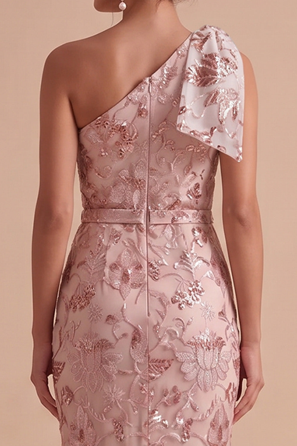 Sparkly Pink Mermaid Floral Ruched Sequins Long Wedding Guest Dress with Bow
