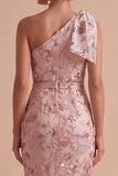 Sparkly Pink Mermaid Floral Ruched Sequins Long Wedding Guest Dress with Bow