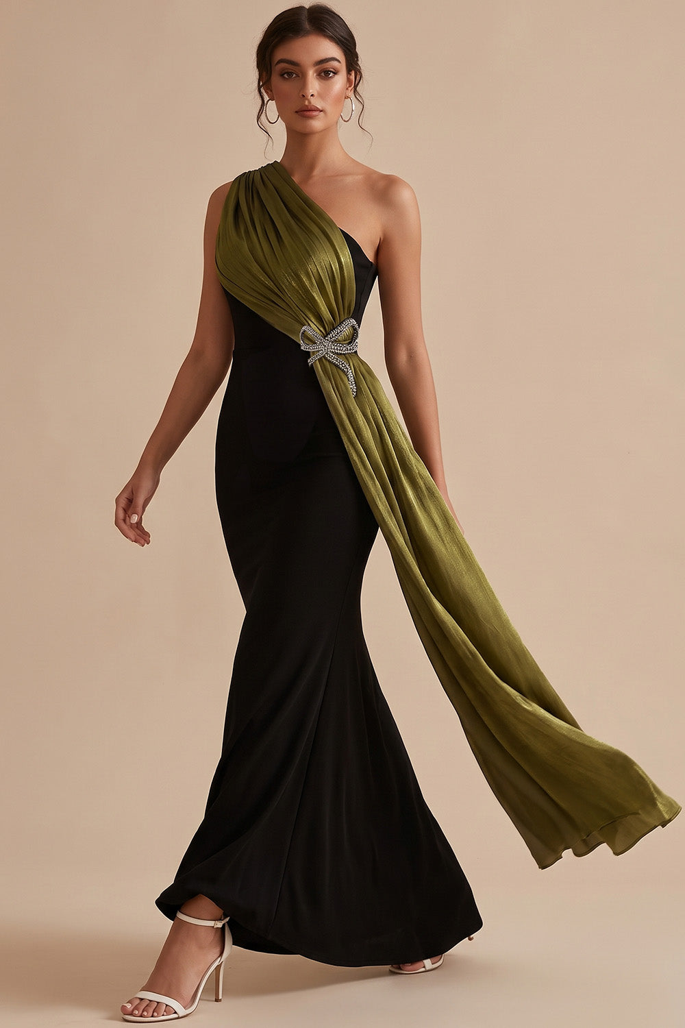 Black and Olive Mermaid One Shoulder Long Wedding Guest Dress with Sash