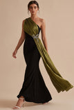 Black and Olive Mermaid One Shoulder Long Wedding Guest Dress with Sash