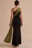 Black and Olive Mermaid One Shoulder Long Wedding Guest Dress with Sash